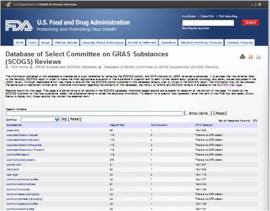 「Database of Select Committee on GRAS Substances Reviews (http://www.accessdata. fda.gov/scripts/fcn/fcnNavigation.cfm?rpt=scogsListing)」의 검색 데이터베이스