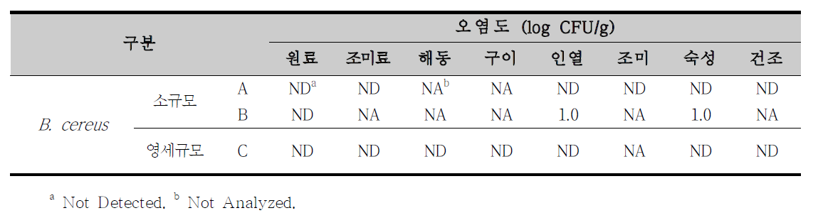 조미오징어 B. cereus 정량분석 결과