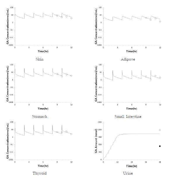 Figure 29. 랫트에 글리시드아마이드를 1 mg/kg 용량으로 6회 반복정맥투여 ( τ = 2 hr) 한 후 얻어진 글리시드아마이드의 혈중 농도, 조직에서의 농도 그리고 뇨 배설량의 실측치 와 GA -PBPK 모델로부터 simulation한 예측치의 비교