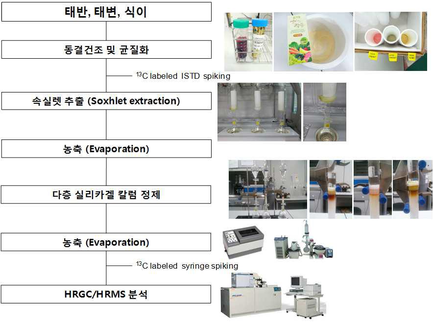 태반, 태변, 식이시료 중 PCBs, OCPs, PBDEs 분석 절차도