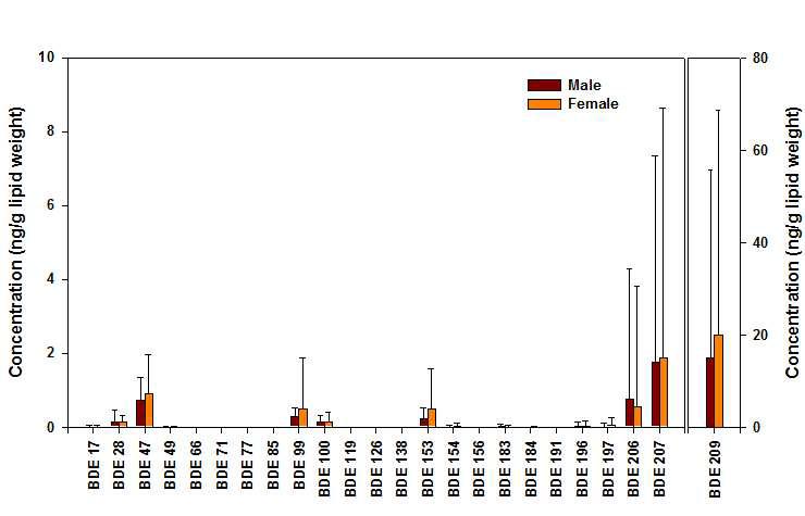 태반시료 중 출생아 성별에 따른 PBDE 이성체별 농도.