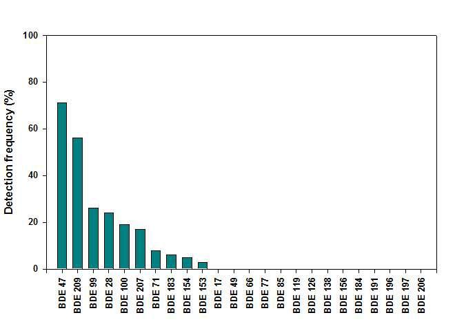 식이시료 중 PBDE 이성체별 검출 빈도.