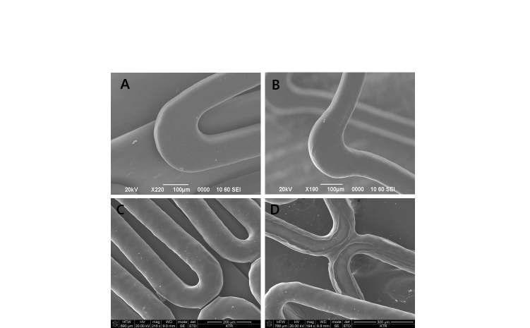 스텐트 팽창 전, 팽창 후 코팅 표면 A: A sample 팽창 전, B: A sample 팽창 후, C: B sample 팽창 전, D: B sample 팽창 후
