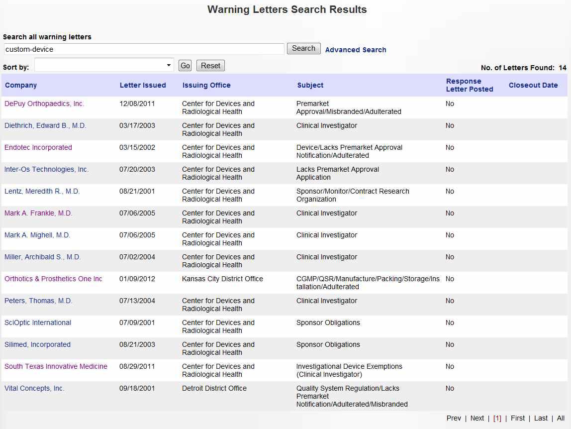 FDA의 Warning Letter 검색창