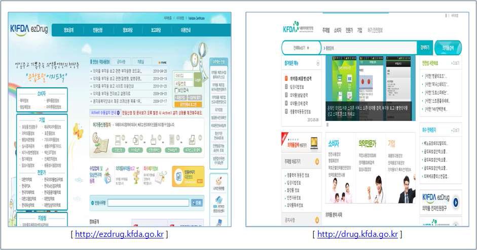 식품의약품안전청(KFDA)의 의약품 민원신청(ezdrug) 및 정보 제공(drug) 사이트