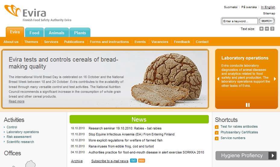 핀란드의 식품안전당국(Evira) 홈페이지