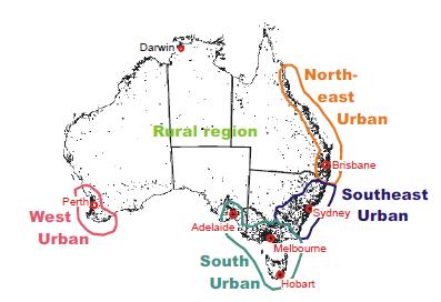 Map indicating the sampling regions of four major population areas of Australia