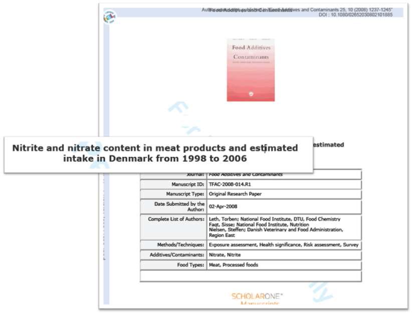 Nitrite and nitrate content in meat products and estimated intake in Denmark from 1998 to 2006