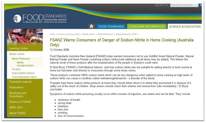 FSANZ Warns Consumers of Danger of Sodium Nitrite in Home Cooking