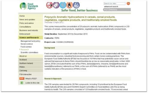 영국 식품안전청(FSA), PAHs에 대한 모니터링 및 결과