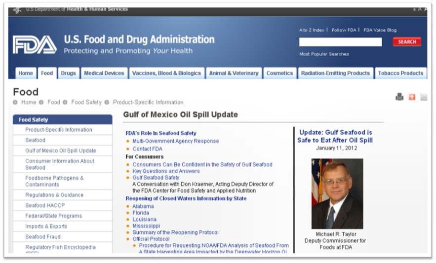 걸프 기름 유출 사고 후 해산물 안전성 평가에 관한 FDA 홈페이지