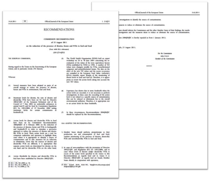 유럽 연합 (EU), 사료 및 식품 중의 다이옥신류, 퓨란류 및 PCB 류의 존재량의 저감에 관한 위원회 권고