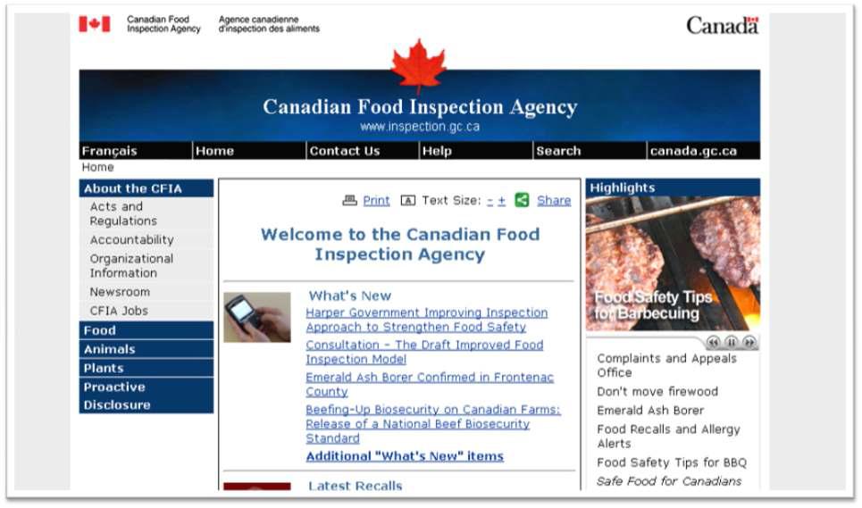 캐나다 식품검사청 (CFIA) 홈페이지