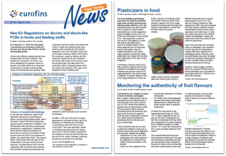 유럽의 기업 eurofins에서 발간한 Food Testing NEWS 및 내용