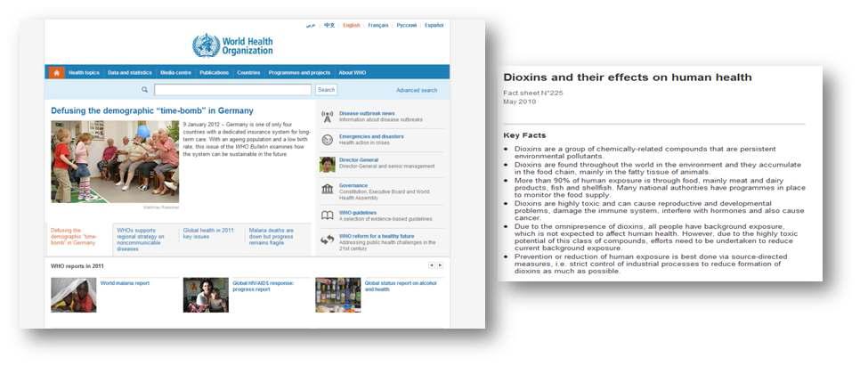 WHO 홈페이지 및 Dioxin Fact sheet