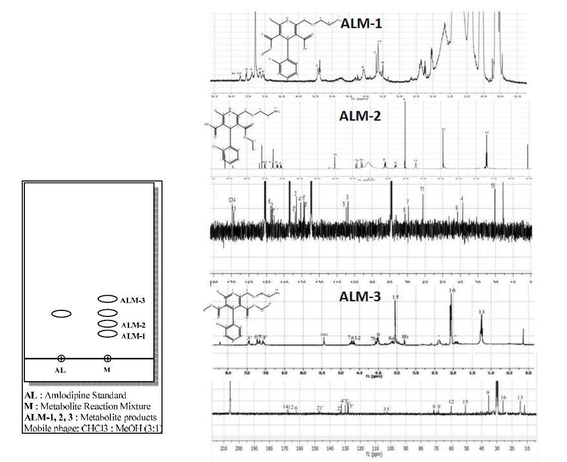TLC and NMR chromatograms for metabolites of amlodipine by human stool.