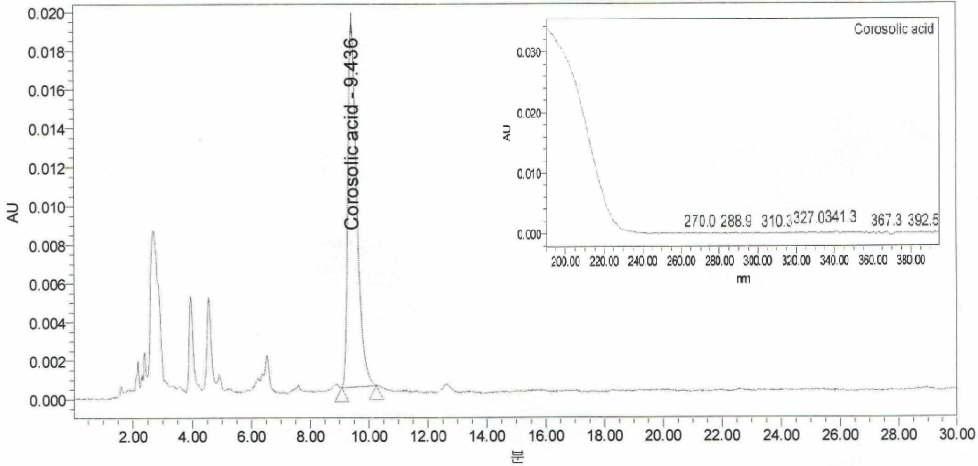 HPLC chromatogram of Corosolic acid in Standard material