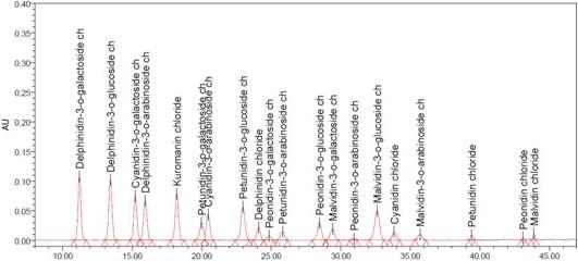 HPLC chromatogram of Anthocyanosides and Anthocyanidins in Functional material