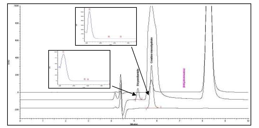 HPLC chromatogram of creatine, dicyandiamide and dihydrotriazine in sample