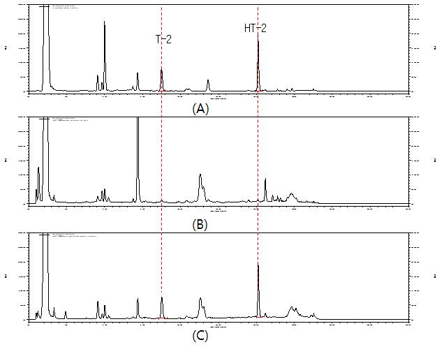 Chromatograph of T-2 and HT-2 toxins standard (100 ug/kg); A, control(Common millet); B, and spiked cereal sample (100 ug/kg); C