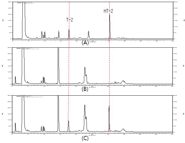 Chromatograph of T-2 and HT-2 toxins standard (100 ug/kg); A, control(Wheat flour); B, and spiked cereal sample (100 ug/kg); C