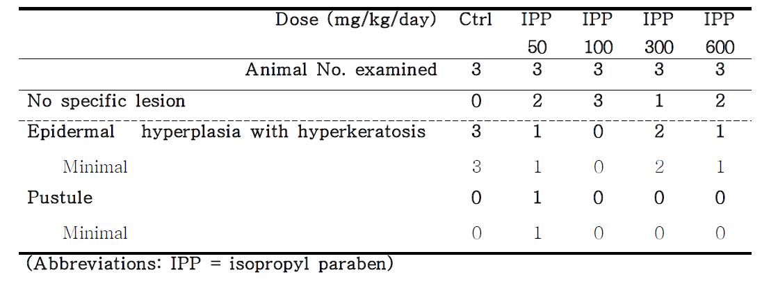 Histopathology of the male rat skin treated with IPP and control