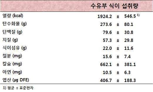 수유부 영양소 (식이) 섭취량