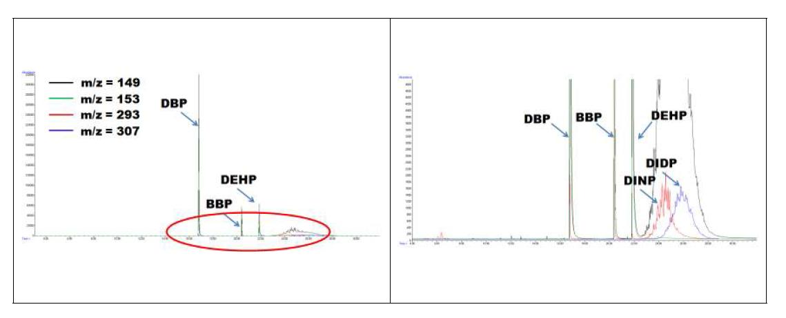 5종 프탈레이트류의 GC/MS 크로마토그램