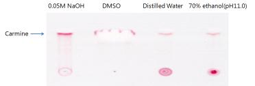 Test of solvents for dissolving carmine(500 ppm) in four solvents