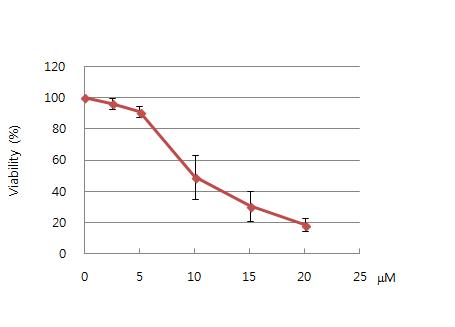 Cell viability of 2,4-Dinitrochlorobenzene(DNCB) in HaCaT-A RE cell line. Cell viability was measured by MTS method. Values are the means of three separte experiments performed in triplicate.