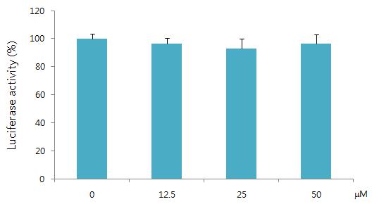 Effect of sodium laury sulfate on luciferase activity in HaCaT-A RE cell line. Luciferase activity was measured by luciferase assay system. Values are presented as mean ± S.E.M. of three independent experiments.