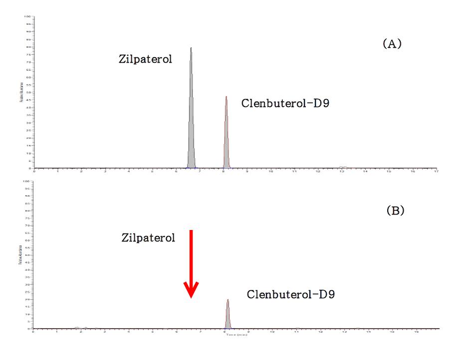 Chromatogram of zilpaterol standard at 1 ㎍/ℓ and clenbuterol-D9 standard at 4 ㎍/ℓ (A), blank beef sample (B).