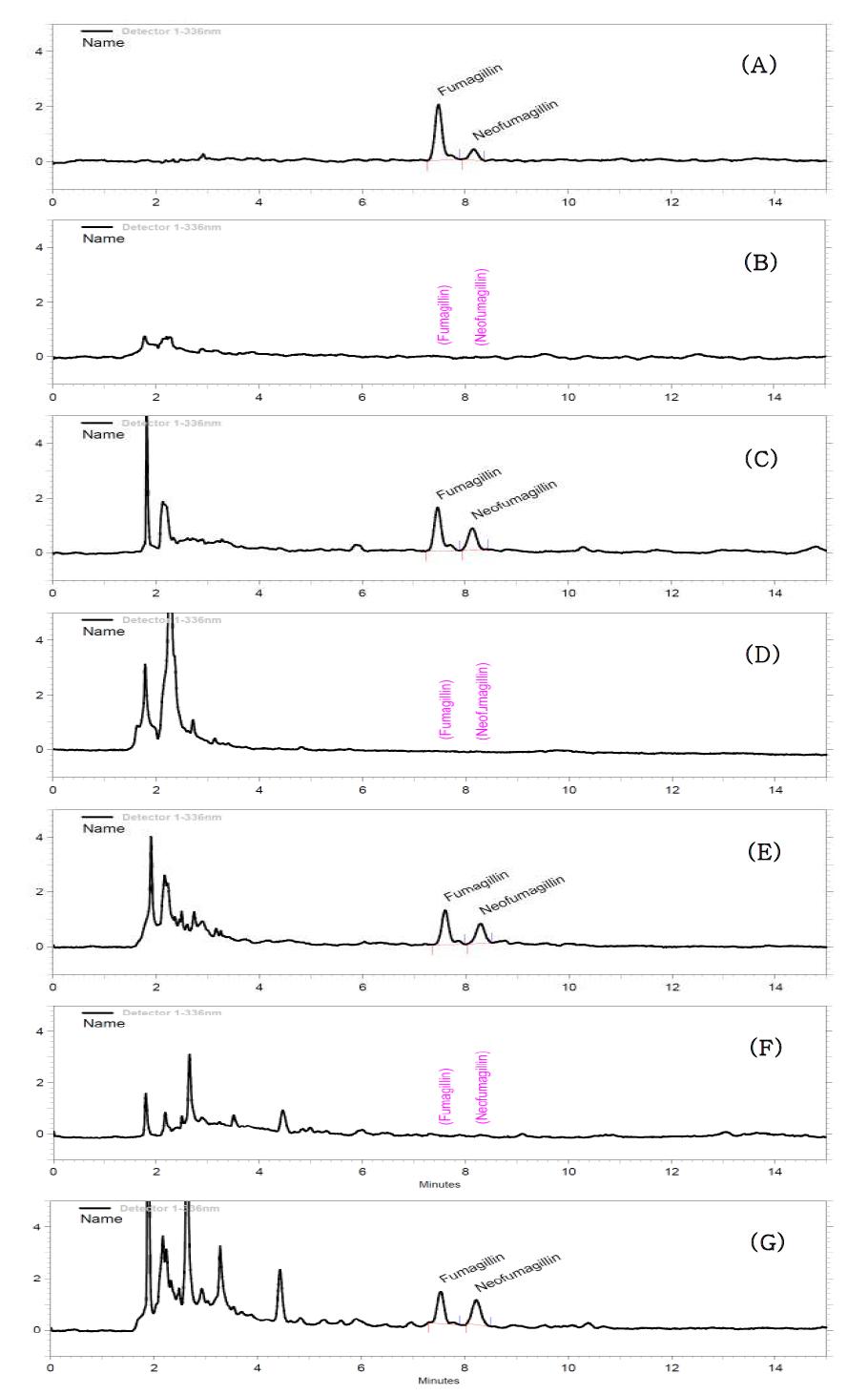 Chromatogram of fumagillin standard at 0.1 ㎍/㎖ (A), blank carp sample (B), fortified carp at 0.1 ㎎/㎏ (C), blank eel sample (D), fortified eel at 0.1 ㎎/㎏ (E), blank trout sample (F), fortified trout at 0.1 ㎎/㎏ (G).