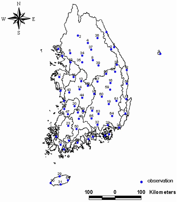 그림 4.9 기상청 산하 66개 관측소 위치