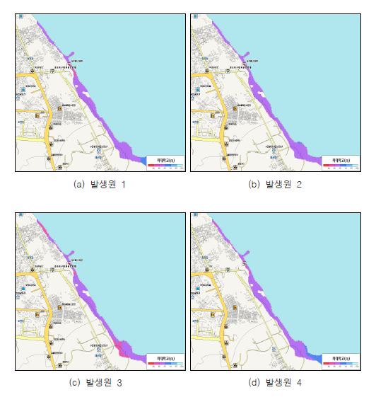 그림 5.23 속초해수욕장 지진해일 침수예상도(발생원별, M8.0)