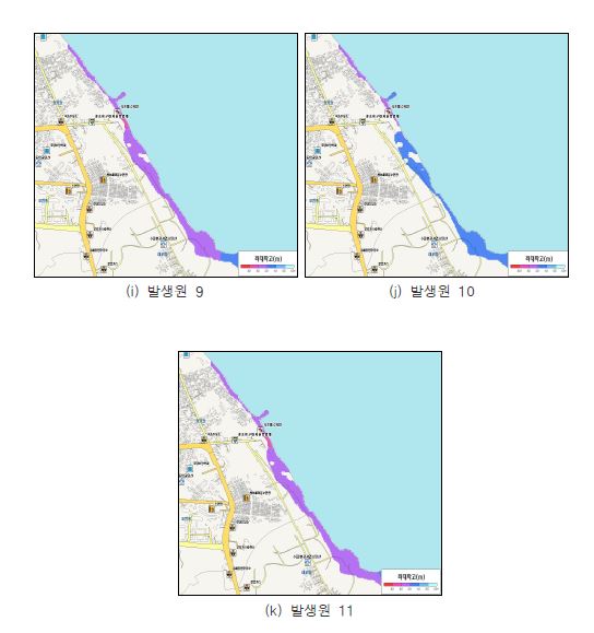 그림 5.23 속초해수욕장 지진해일 침수예상도(발생원별, M8.0)