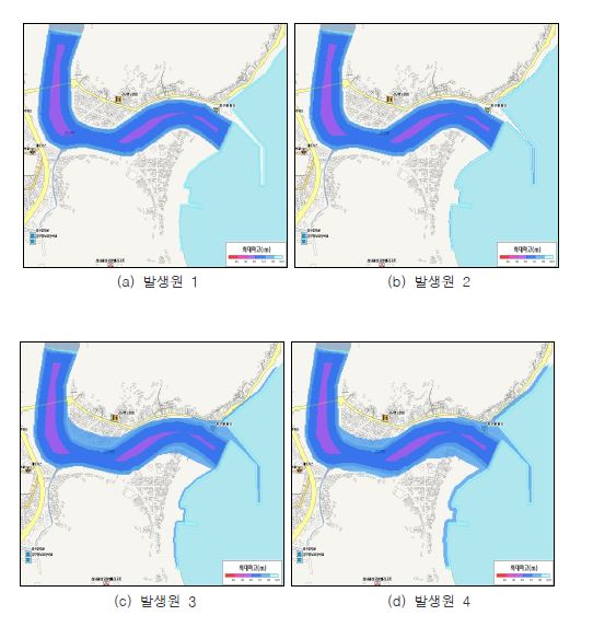 그림 5.25 강구항 지진해일 침수예상도(발생원별, M8.0)