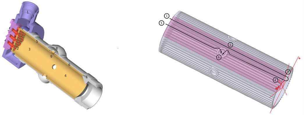 그림 3.3.20 예연소기 내부 형상 (좌)과 냉각채널 (우)