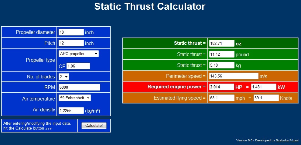 그림 4.64 RC용 프로펠러 Static thrust 계산 프로그램 화면