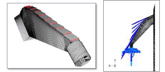 그림 42 물분사 노즐 격자계 및 물분사 해석 결과
