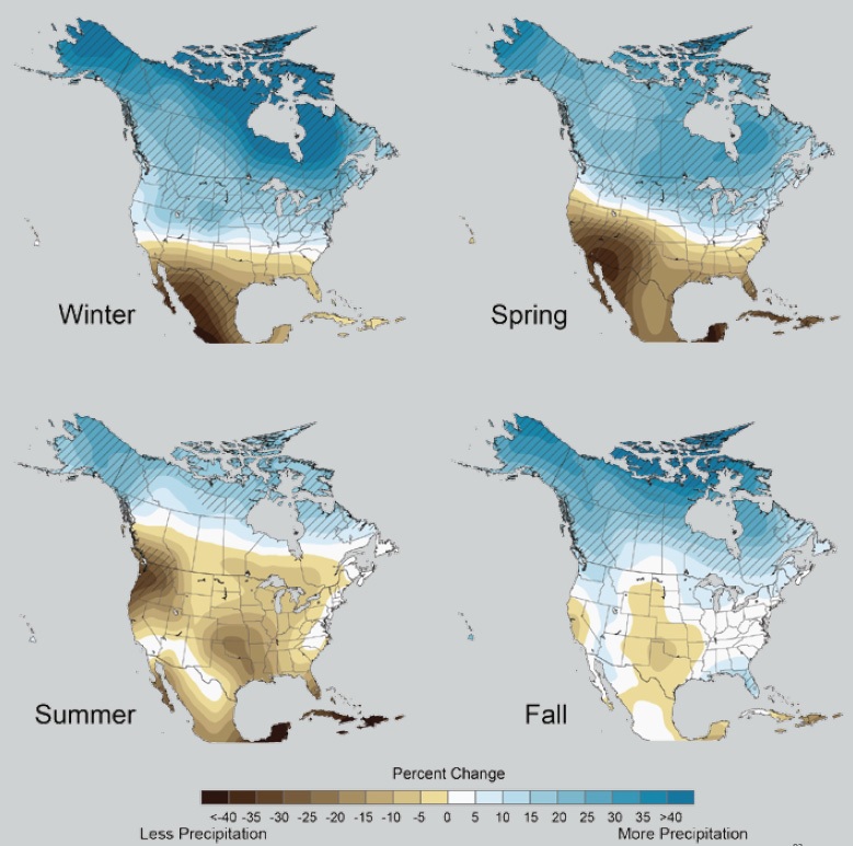 그림 2-1. High emission scenario에서의 2080～2099년도 북미 지역의 강우량 변화 모의 결과