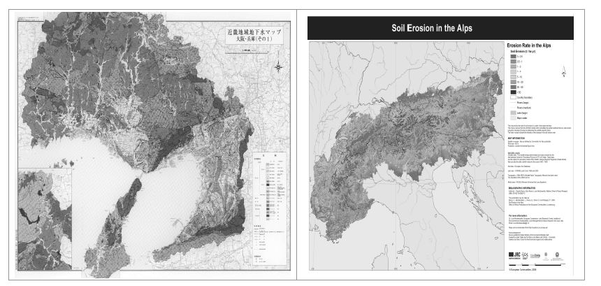그림 3-6. 토양·지하수 분야 공간환경현황 작성 사례：일본 오사카의 지하수 분포도(좌) 및 알프스 지역 토양침식도(우)