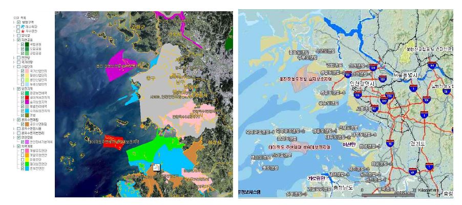 그림 3-9. 연안․ 도서 분야 공간환경현황 작성 사례;연안포털의 연안관련 주제도(좌)와 갯벌정보시스템의 해양보호구역 현황(우)
