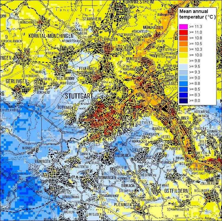 그림 3-11. 대기(미기후) 분야 공간환경현황 작성 사례(1)：독일 슈투트가르트의 연평균 기온지도
