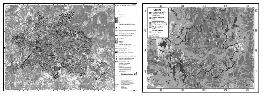 그림 3-12. 대기(미기후) 분야 공간환경현황 작성 사례(2)：독일 베를린의 도시기후 공간계획(좌) 및 서울시 바람순환분야 공간 현황(우)