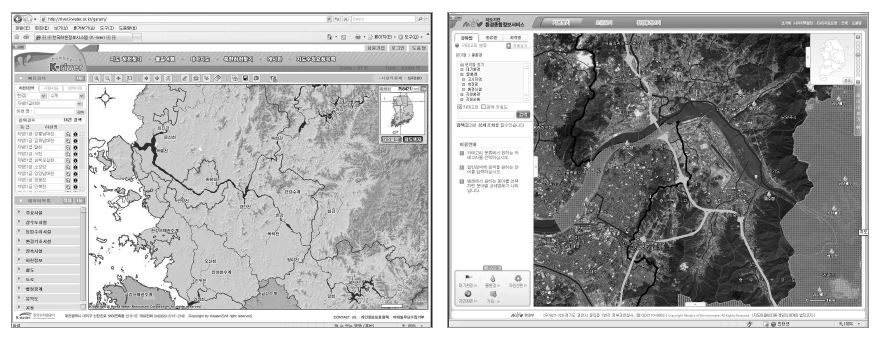그림 3-14. 수환경(수질관리) 분야 환경정보체계의 현황도:한국하천정보시스템의 수계 현황(좌) 및 환경지리정보서비스의 법정보호지역 현황