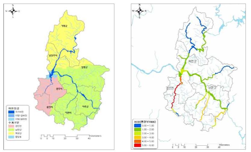 그림 3-15. 수환경 분야 공간환경현황 작성사례 :팔달수계도(좌) 및 팔달수계 주요하천 수질등급 현황(우)