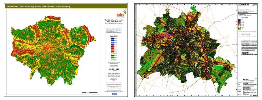그림 3-19. 소음 분야 공간환경현황 작성사례:런던의 도로교통 주간 소음지도(좌) 및 베를린의 종합소음지도(우)