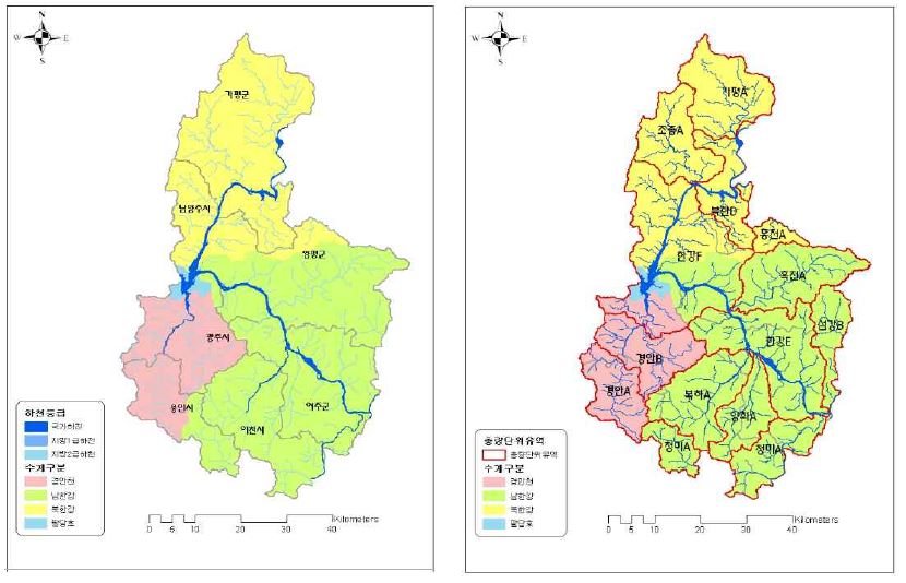 그림 4-16. 팔당수계도(좌)와 팔당유역 내 총량관리단위유역(안)(우)