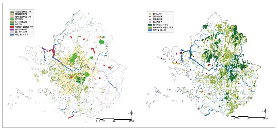 그림 4-19. 자연생태 우수자원/지역 현황(법제적 기준)(좌)와자연생태 우수자원/지역 현황(환경/생태적 기준)(우)